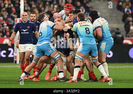 Vittoria dei giocatori del XV francese alla fine della partita tra il XV francese e la Scozia, allo Stade de France, il 14 marzo 2025. - 15/03/2025 - Francia / Senna-Saint-Denis / Saint-Denis - Julien Mattia / le Pictorium Foto Stock