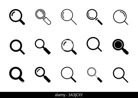Set di icone di ricerca isolato su sfondo bianco. Icona del vettore di vetro. icona della lente di ingrandimento di ricerca. Trova Illustrazione Vettoriale
