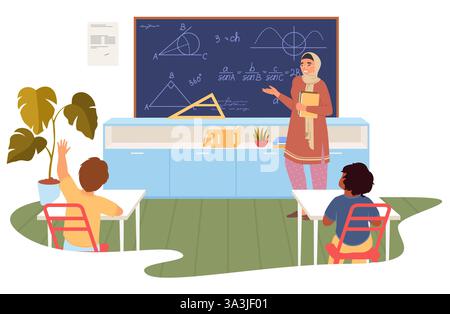 In un'aula luminosa, un insegnante musulmano spiega i concetti di geometria su una lavagna mentre gli studenti partecipano attivamente alzando le mani Illustrazione Vettoriale
