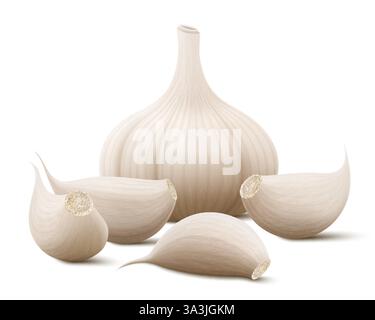 Set di aglio. Intera testa d'aglio e chiodi di garofano non sbucciati isolati su sfondo bianco. Ingrediente speziato per cucinare e nutrizione sana o spezie e condime Illustrazione Vettoriale