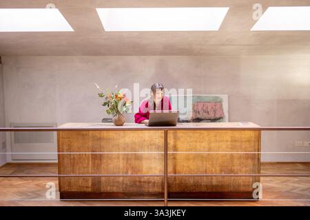 Una donna con un abito rosso lavora sul suo laptop su una grande scrivania in legno in un loft elegante e minimalista. Lo spazio aperto con lucernari e decorazioni artistiche rappresenta una cultura del lavoro creativa e indipendente Foto Stock