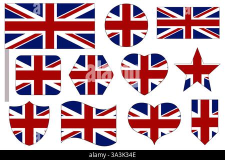 Set di icone della bandiera del Regno Unito in diverse forme isolate su bianco Illustrazione Vettoriale