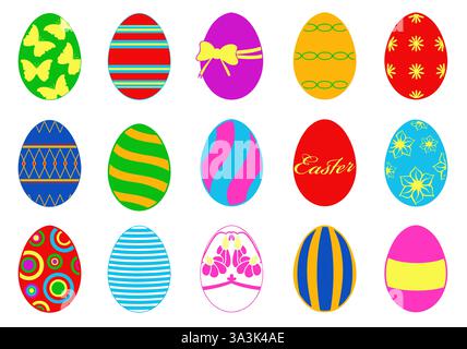 Collage di diverse uova di Pasqua isolate su sfondo bianco Illustrazione Vettoriale
