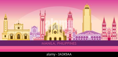 Panorama dello skyline del tramonto della città di Manila, Filippine - illustrazione vettoriale Illustrazione Vettoriale