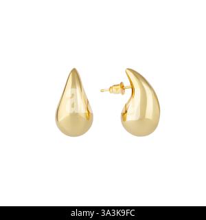 Eleganti orecchini a goccia d'oro con borchie sul fondo bianco. Gioielli Foto Stock