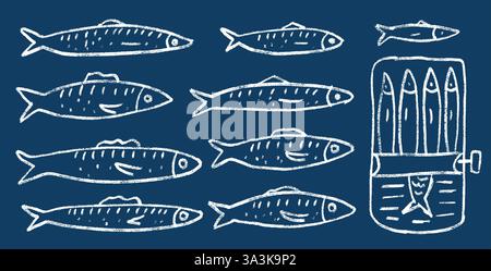 Set di doodle con linea di sardine. Pesce in scatola disegnato a mano. pesci in scatola. Aprire la latta di sardina. Vector conserve eat illustrazione a matita isolata su dar Illustrazione Vettoriale