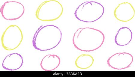 Confezione di cornici circolari grunge. Set raschietto rotondo a mano libera. Pastello disegnato a mano mette in risalto la collezione Circle Gessk Border Shapes. Sottolineatura collage Illustrazione Vettoriale
