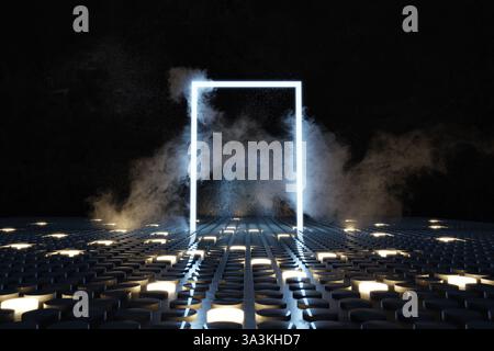 rendering 3d della cornice rettangolare al neon blu sul pavimento con bottoni gialli e circondato da fumo Foto Stock