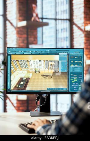 Il progettista di interni utilizza un software architettonico per mostrare ai clienti come sarà la loro casa dopo aver terminato la commissione di ristrutturazione. Uomo che prepara l'anteprima visiva per i clienti su PC, primo piano Foto Stock