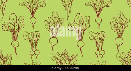 Contorno ravanello vegetale radice motivo senza cuciture su sfondo verde per banner del mercato agricolo e ristoranti Illustrazione Vettoriale