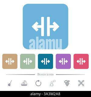 Gruppo di icone della vista divisa del design piatto. Le frecce indicano la divisione di una schermata o di una finestra in sezioni. Presentato in più colori per la progettazione dell'interfaccia utente. Illustrazione Vettoriale