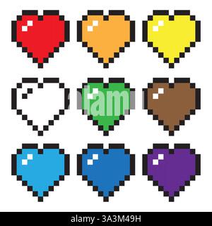Cuori pixel colorati. Icone d'amore vivaci. Set romantico in stile retrò. Collezione stile vettoriale. Illustrazione Vettoriale