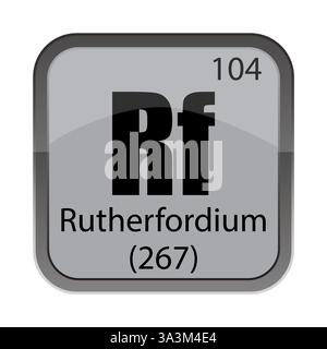Icona elemento periodico. Badge RF Rutherfordium. Numero 104 dettaglio. Sezione vettoriale. Attenzione all'educazione chimica. Illustrazione Vettoriale