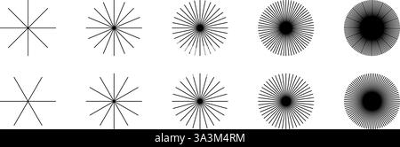 Linee radiali dritte. Pittogrammi dei raggi solari. Set di icone Sunburst o sunbeam isolate su sfondo bianco. Simboli di radianza, esplosione o fuochi d'artificio. Illustrazione grafica vettoriale. Illustrazione Vettoriale