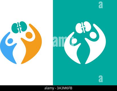 Combinazione del logo dei reni umani. Modello unico di progettazione del logotipo di organo interno. Illustrazione Vettoriale