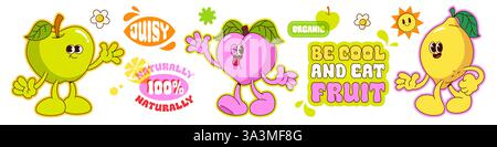 Personaggi cartoni animati di frutta: Mela verde, pesca rosa e pera gialla con volti e arti sorridenti. Mascotte retrò circondate da frasi sull'adesivo Illustrazione Vettoriale
