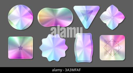 Set di adesivi per ologrammi con forme sfumate iridescenti. Etichette premium multicolore in forme geometriche con spettro arcobaleno. Raccolta dei sigilli di sicurezza Illustrazione Vettoriale