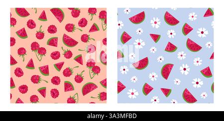 Motivi estivi senza cuciture con succose fette di anguria e lamponi maturi sparsi tra fiori selvatici bianchi sullo sfondo blu. Frutta fresca Illustrazione Vettoriale