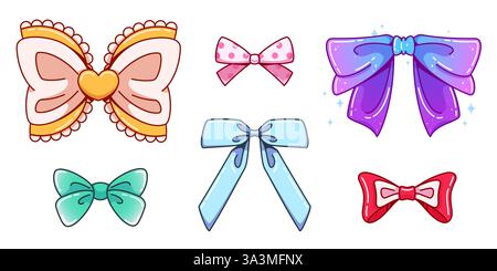 Fiocchi estetici Y2K con colori pastello - nastri decorati con cuore, finiture in pizzo e motivi a pois. Elementi cartoni animati Kawaii con glitter per r Illustrazione Vettoriale