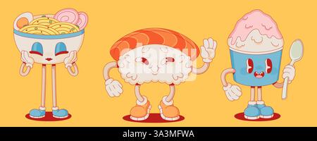 Mascotte di cibo giapponese retrò - ciotola di ramen sorridente con spaghetti, sushi con nigiri di salmone ondulato, carattere dessert con ghiaccio felice con cucchiaio. Piatti del menu Kawaii W Illustrazione Vettoriale