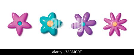 Collezione di fiori 3d Y2K in plastica dai colori brillanti: Rosa, turchese e viola. Forme a margherita retrò lucide per un design digitale nostalgico. Reale Illustrazione Vettoriale