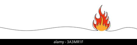 Fiamma fuoco un disegno a linea continua. Bianco e nero astratto disegno a linea singola minimo, fiamma in un disegno a linea singola continuo. Traccia modificabile. Illustrazione Vettoriale
