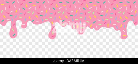 Semplice motivo a goccia. Liquido rosa con spruzzi di zucchero multicolore che gocciolano su sfondo trasparente. Glassa per ciambelle, gelato o muffin con Illustrazione Vettoriale