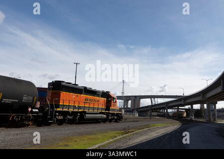 Seattle, Washington, Stati Uniti. 16 marzo 2025. Un treno merci parte dal Terminal 18 di Harbor Island nel Porto di Seattle. L'economia del Pacifico nord-occidentale si affianca mentre la guerra commerciale dell'amministrazione Trump continua. Crediti: Paul Christian Gordon/Alamy Live News Foto Stock
