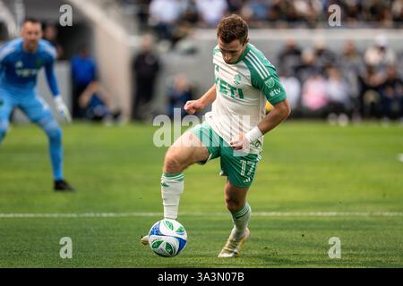 L'attaccante dell'Austin FC Jon Gallagher (17) durante un match MLS contro il LAFC, sabato 15 marzo 2025, al BMO Stadium di Los Angeles, CALIFORNIA. Austin FC ha sconfitto il LAFC 1-0. (Jon Endow/immagine dello sport) Foto Stock