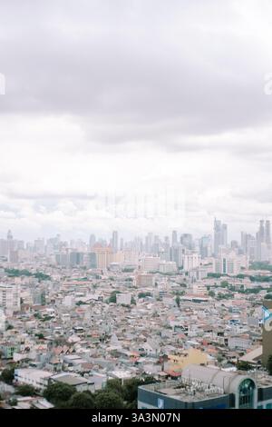 Un giorno coperto proietta una luce soffusa su un paesaggio urbano denso. La foto mostra un diverso mix di case contrapposte a uno skyline punteggiato da Foto Stock