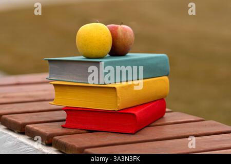 Due mele posizionate su una pila di libri colorati con copertina rigida. Foto Stock