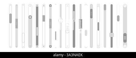 Set vettoriale di barre di scorrimento o cursori verticali. Elementi di progettazione Web per il sito Web o la pagina Internet. Barre di scorrimento, interfaccia interfaccia grafica menu per scorrere i comandi, i controller di luminosità e le icone del cursore del volume Illustrazione Vettoriale