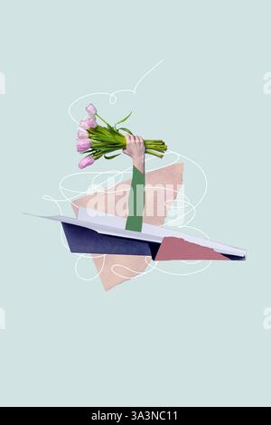 Grafica creativa di disegno composito collage di disegni internazionali della festa della fioritura delle feste bouquet di fiori pialla di carta mosca Foto Stock