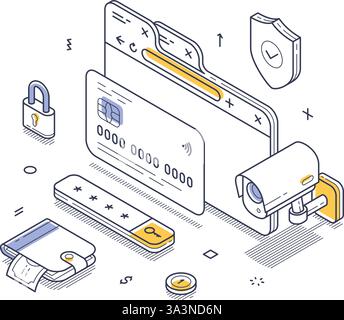 Meccanismi di pagamento sicuri come carte di credito, portafogli digitali ed elementi di sicurezza. Enfatizza la sicurezza nelle transazioni online e nella protezione degli utenti. Illustrazione Vettoriale