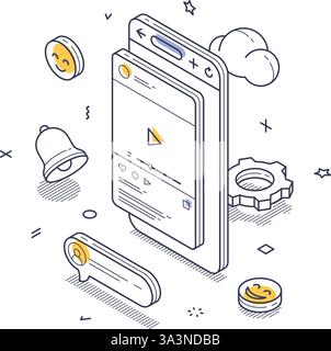 Smartphone visualizzato con elementi di social media, tra cui icone, un pulsante di riproduzione e notifiche. Moderna illustrazione vettoriale isometrica Illustrazione Vettoriale