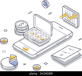 Line art isometrica della pianificazione finanziaria, che presenta uno smartphone con icone a moneta, grafici finanziari e documenti. Intersezione tra tecnologia e fina Illustrazione Vettoriale
