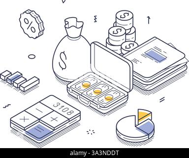 Concetti di investimento aziendale, tra cui cassa, grafici e una calcolatrice. Il design enfatizza finanza, risparmio e analisi utilizzando forme semplici. Modalità Illustrazione Vettoriale
