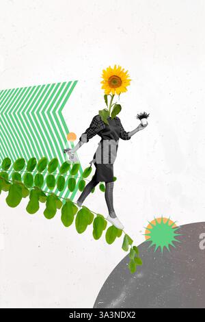 Immagine composita tendenza montaggio collage 3D di donna senza testa camminare foglie tenere spray giardiniere stagione fiore fiore fiore flora girasole botanico Foto Stock