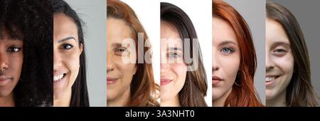 Ritratto di sei donne diverse con diverse etnie ed età e diversi volti della pelle, creando una potente immagine di diversità e inclusione Foto Stock