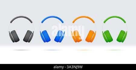 Collezione di cuffie colorate in stile cartoon 3D. Illustrazione vettoriale. Illustrazione Vettoriale