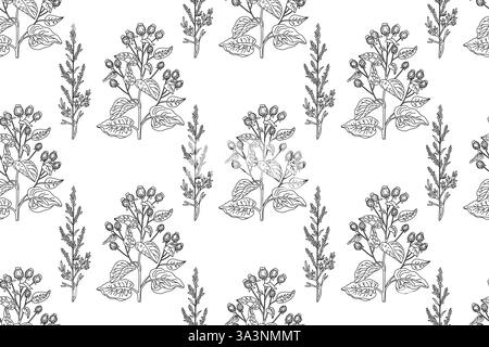 Motivo vegetale senza cuciture line art con illustrazione vettoriale di fiori selvatici. Contorno nero con motivo floreale ripetuto su sfondo bianco. Grafico de Illustrazione Vettoriale