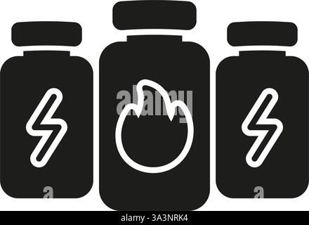 Aggiungere le bottiglie con l'icona fissa dei simboli di energia e fuoco. Potenziamento energetico e miglioramento del metabolismo con simbolo della silhouette. Isolato Illustrazione Vettoriale