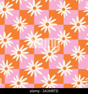 Margherite bianche a scacchi con motivo senza cuciture su scacchiere rosa e arancione. Per l'imballaggio di carta, tessuti e cancelleria Illustrazione Vettoriale