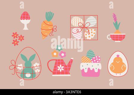Semplici e carine uova di Pasqua, pulcino, coniglietto nel cestino, torta. Illustrazioni di Pasqua piatte per adesivi, biglietti, inviti, merchandising natalizio. Illustrazione Vettoriale