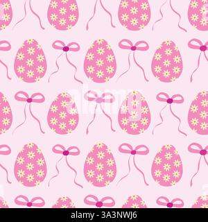 Uova di pasqua rosa Coquette con fiori e fiocchi motivo senza cuciture. Per stampe pasquali, tessuti, carta da imballaggio e tessuti Illustrazione Vettoriale