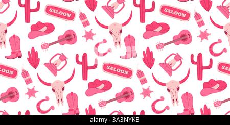 Motivo senza cuciture a tema WESTERN con icone di cowgirl e illustrazioni rosa Illustrazione Vettoriale