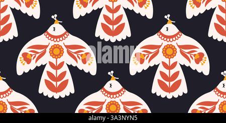Motivo d'arte folk scandinava senza cuciture con uccelli stilizzati e motivi floreali su sfondo scuro Illustrazione Vettoriale