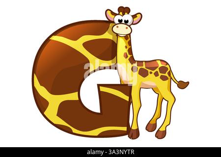Lettera G-Giraffa dell'alfabeto animale isolato. Giraffa animale cartoni animati in vettore. Tessera per l'istruzione. Scheda flash Illustrazione Vettoriale