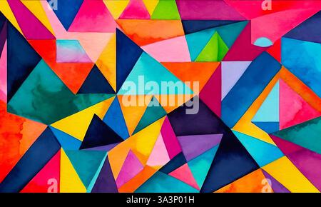 Sfondo luminoso e astratto di triangoli multicolori, motivo colorato ad acquerello per un design accattivante Foto Stock