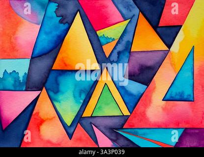 Sfondo luminoso e astratto di triangoli multicolori, motivo colorato ad acquerello per un design accattivante Foto Stock